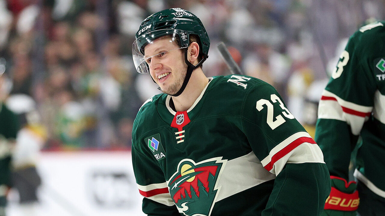 ST PAUL, MINNESOTA - APRIL 26: Marco Rossi #23 of the Minnesota Wild celebrates his goal against the Vegas Golden Knights in the first period of Game Four of the First Round of the 2025 Stanley Cup Playoffs at Xcel Energy Center on April 26, 2025 in St Paul, Minnesota.