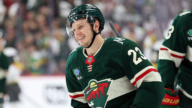 ST PAUL, MINNESOTA - APRIL 26: Marco Rossi #23 of the Minnesota Wild celebrates his goal against the Vegas Golden Knights in the first period of Game Four of the First Round of the 2025 Stanley Cup Playoffs at Xcel Energy Center on April 26, 2025 in St Paul, Minnesota.