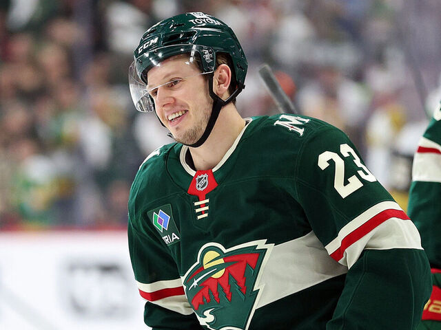 ST PAUL, MINNESOTA - APRIL 26: Marco Rossi #23 of the Minnesota Wild celebrates his goal against the Vegas Golden Knights in the first period of Game Four of the First Round of the 2025 Stanley Cup Playoffs at Xcel Energy Center on April 26, 2025 in St Paul, Minnesota.