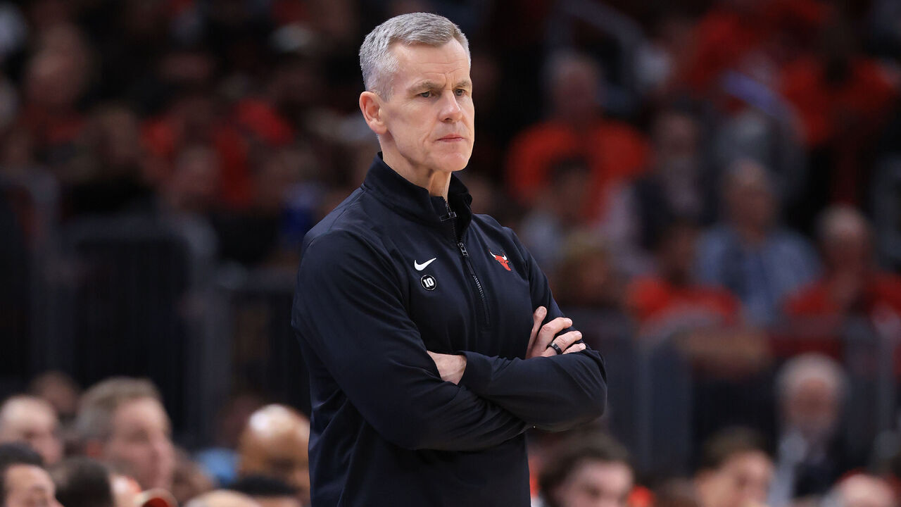 CHICAGO, ILLINOIS - APRIL 16: Head coach Billy Donovan of the Chicago Bulls looks on against the Miami Heat of an NBA play-in tournament game at the United Center on April 16, 2025 in Chicago, Illinois.
