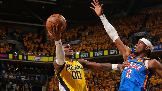 INDIANAPOLIS, IN - JUNE 11: Bennedict Mathurin #00 of the Indiana Pacers drives to the basket during the game against the Oklahoma City Thunder during Game Three of the 2025 NBA Finals on June 11, 2025 at Gainbridge Fieldhouse in Indianapolis, Indiana. Mandatory Copyright Notice: Copyright 2025 NBAE