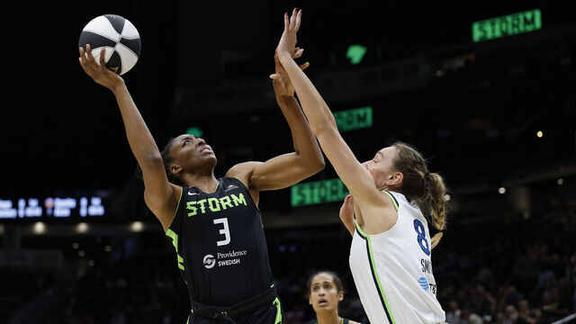 SEATTLE, WASHINGTON - JUNE 11: Nneka Ogwumike #3 of the Seattle Storm shoots over Alanna Smith #8 of the Minnesota Lynx during the first quarter of the game at Climate Pledge Arena on June 11, 2025 in Seattle, Washington.