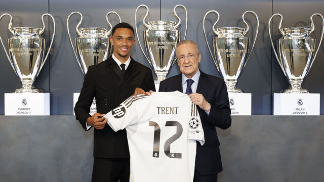 MADRID, SPAIN - JUNE 12: (EXCLUSIVE COVERAGE) Trent Alexander-Arnold poses with president of Real Madrid Florentino Pérez as the Englishman is unveiled as a Real Madrid player at Valdebebas training ground on June 12, 2025 in Madrid, Spain.