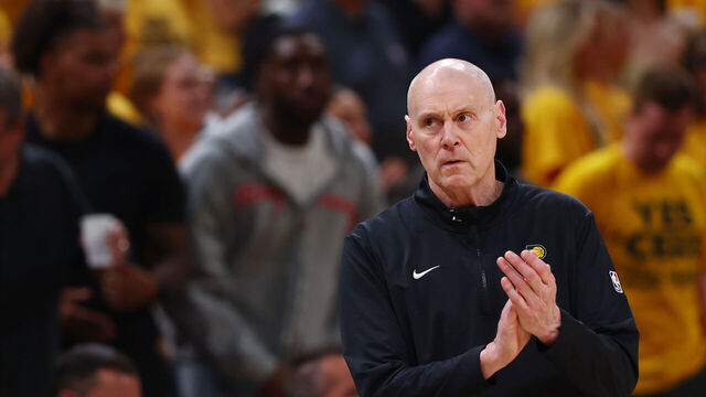 INDIANAPOLIS, INDIANA - JUNE 11: Head coach Rick Carlisle of the Indiana Pacers reacts during the second quarter against the Oklahoma City Thunder in Game Three of the 2025 NBA Finals at Gainbridge Fieldhouse on June 11, 2025 in Indianapolis, Indiana.