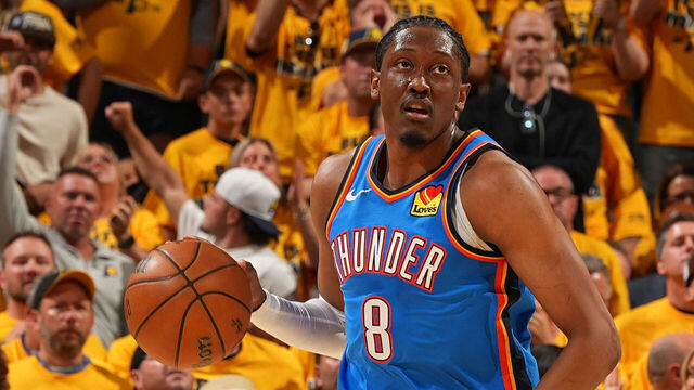 INDIANAPOLIS, IN - JUNE 11: Jalen Williams #8 of the Oklahoma City Thunder dribbles the ball during the game against the Indiana Pacers during Game Three of the 2025 NBA Finals on June 11, 2025 at Gainbridge Fieldhouse in Indianapolis, Indiana. Mandatory Copyright Notice: Copyright 2025 NBAE