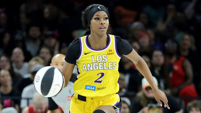 LAS VEGAS, NEVADA - JUNE 11: Rickea Jackson #2 of the Los Angeles Sparks brings the ball up the court against the Las Vegas Aces in the third quarter of their game at Michelob ULTRA Arena on June 11, 2025 in Las Vegas, Nevada. The Sparks defeated the Aces 97-89.