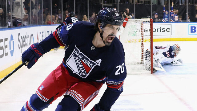 NEW YORK, NEW YORK - MARCH 09: Chris Kreider #20 of the New York Rangers celebrates his second period shorthanded goal against Daniil Tarasov #40 of the Columbus Blue Jackets at Madison Square Garden on March 09, 2025 in New York City.