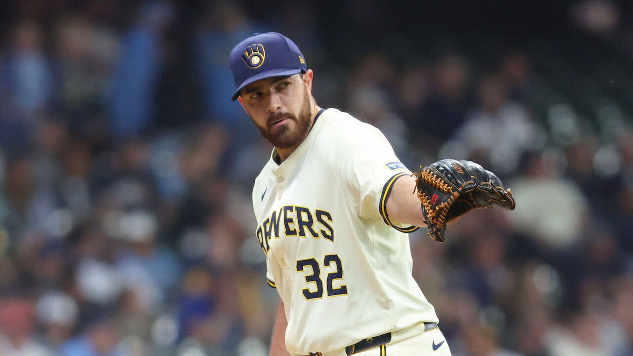 MILWAUKEE, WI - MAY 27: Aaron Civale #32 of the Milwaukee Brewers looks on during the game between the Boston Red Sox and the Milwaukee Brewers at American Family Field on Tuesday, May 27, 2025 in Milwaukee, Wisconsin.