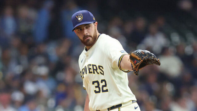 MILWAUKEE, WI - MAY 27: Aaron Civale #32 of the Milwaukee Brewers looks on during the game between the Boston Red Sox and the Milwaukee Brewers at American Family Field on Tuesday, May 27, 2025 in Milwaukee, Wisconsin.