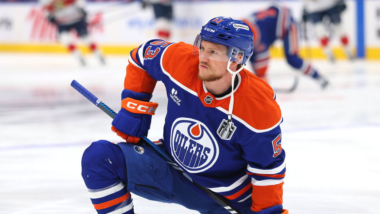 EDMONTON, CANADA - JUNE 06: Jeff Skinner #53 of the Edmonton Oilers warms up prior to a game Florida Panthers in Game Two of the 2025 Stanley Cup Final at Rogers Place on June 06, 2025 in Edmonton, Alberta, Canada.