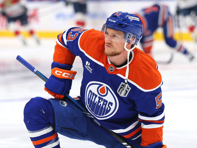 EDMONTON, CANADA - JUNE 06: Jeff Skinner #53 of the Edmonton Oilers warms up prior to a game Florida Panthers in Game Two of the 2025 Stanley Cup Final at Rogers Place on June 06, 2025 in Edmonton, Alberta, Canada.