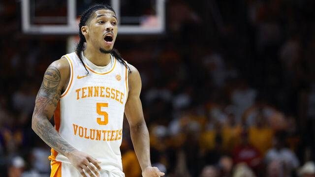 KNOXVILLE, TENNESSEE - FEBRUARY 05: Zakai Zeigler #5 of the Tennessee Volunteers reacts after a made basket during the second half against the Missouri Tigers at Thompson-Boling Arena on February 05, 2025 in Knoxville, Tennessee.