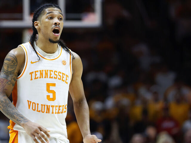KNOXVILLE, TENNESSEE - FEBRUARY 05: Zakai Zeigler #5 of the Tennessee Volunteers reacts after a made basket during the second half against the Missouri Tigers at Thompson-Boling Arena on February 05, 2025 in Knoxville, Tennessee.