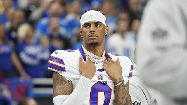 DETROIT, MICHIGAN - DECEMBER 15: Wide receiver Keon Coleman #0 of the Buffalo Bills ooks on prior to an NFL football game against the Detroit Lions at Ford Field on December 15, 2024 in Detroit, Michigan.
