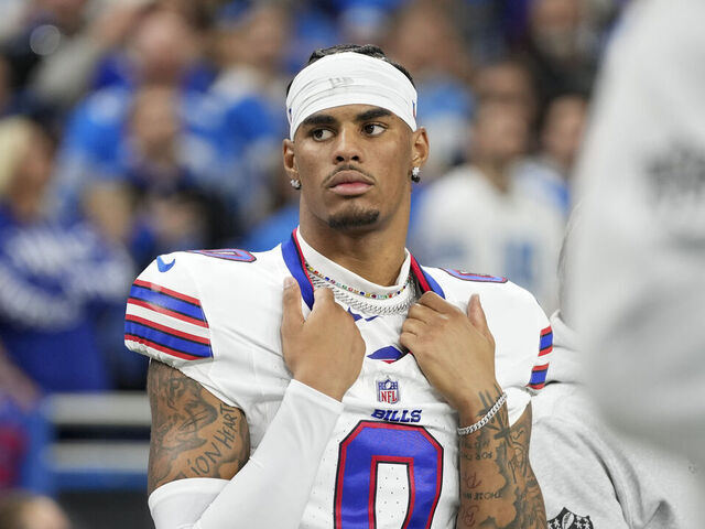 DETROIT, MICHIGAN - DECEMBER 15: Wide receiver Keon Coleman #0 of the Buffalo Bills ooks on prior to an NFL football game against the Detroit Lions at Ford Field on December 15, 2024 in Detroit, Michigan.