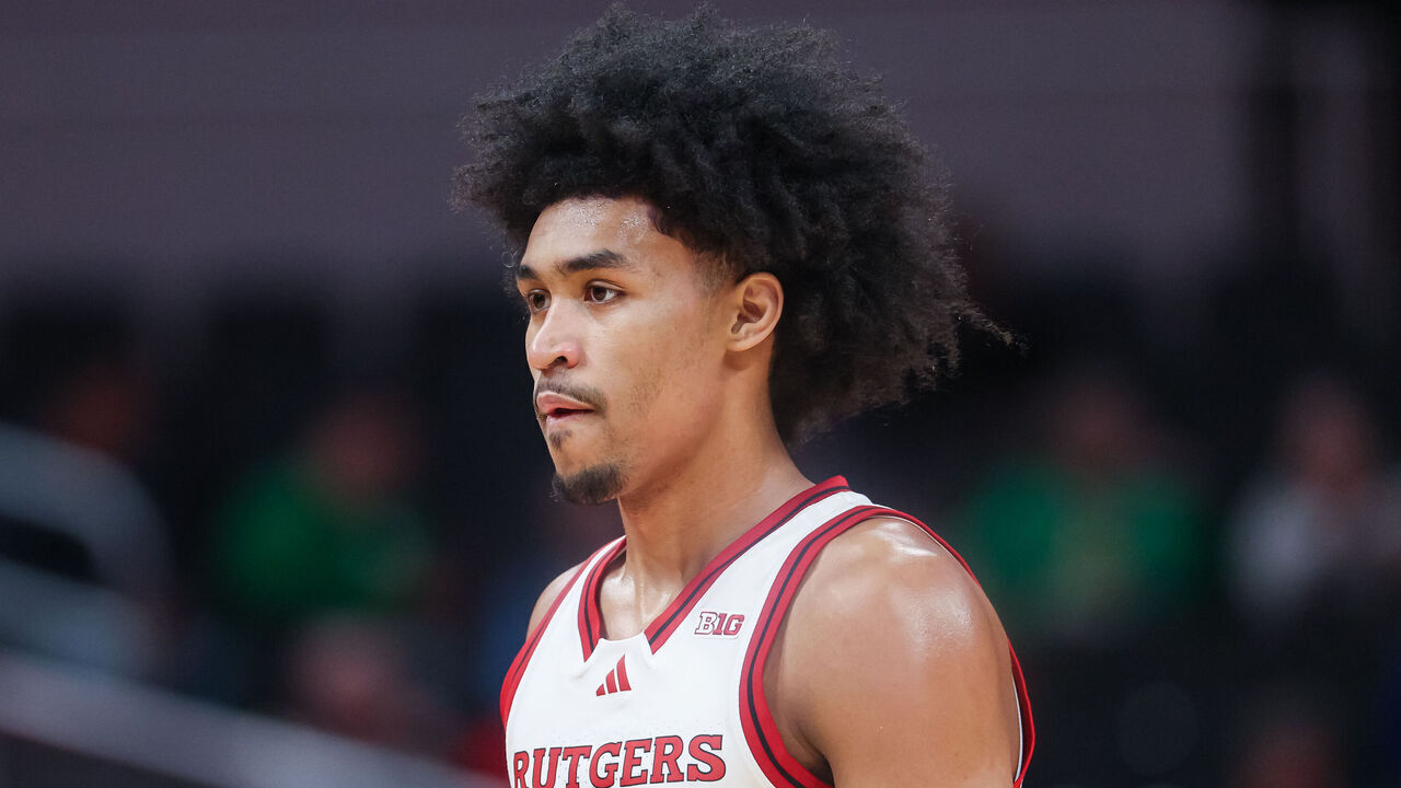 INDIANAPOLIS, INDIANA - MARCH 12: Dylan Harper #2 of the Rutgers Scarlet Knights looks on during the game against the USC Trojans in the Big Ten Men's Basketball Tournament first round at Gainbridge Fieldhouse on March 12, 2025 in Indianapolis, Indiana.