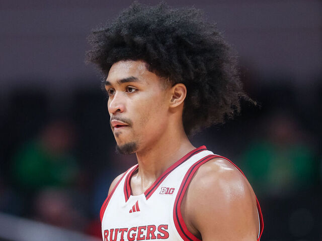 INDIANAPOLIS, INDIANA - MARCH 12: Dylan Harper #2 of the Rutgers Scarlet Knights looks on during the game against the USC Trojans in the Big Ten Men's Basketball Tournament first round at Gainbridge Fieldhouse on March 12, 2025 in Indianapolis, Indiana.