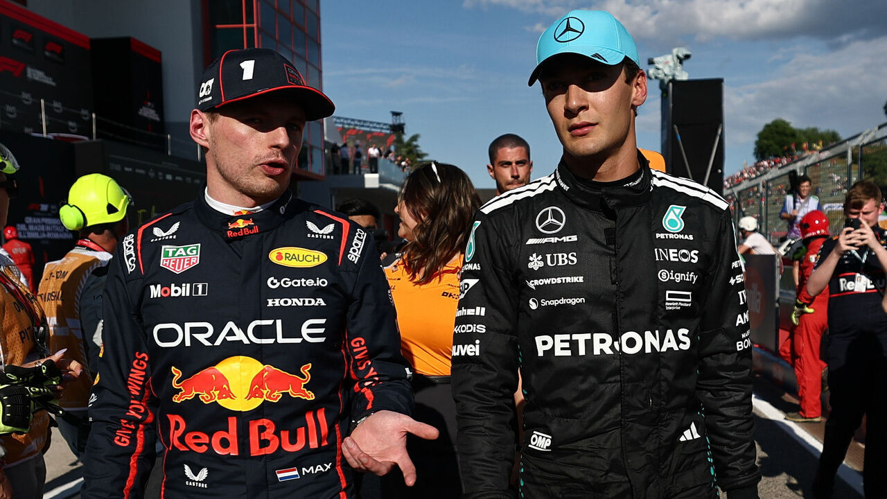 Max Verstappen of Red Bull Racing and George Russell of Mercedes after the qualifying ahead of the Formula 1 Emilia-Romagna Grand Prix at Autodromo Enzo e Dino Ferrari in Imola, Italy on May 17, 2025.