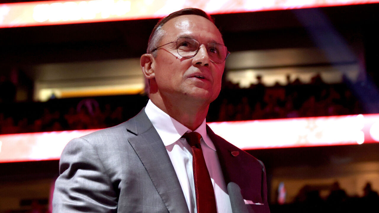 NASHVILLE, TENNESSEE - JUNE 28: General Manager Steve Yzerman of the Detroit Red Wings looks on during the 2023 Upper Deck NHL Draft - Round One at Bridgestone Arena on June 28, 2023 in Nashville, Tennessee.