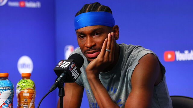 INDIANAPOLIS, IN - JUNE 12: Shai Gilgeous-Alexander #2 of the Oklahoma City Thunder talks to the media during 2025 NBA Finals Practice and Media Availability on June 12, 2025 at Gainbridge Fieldhouse in Indianapolis, Indiana. Mandatory Copyright Notice: Copyright 2025 NBAE