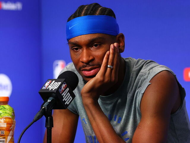 INDIANAPOLIS, IN - JUNE 12: Shai Gilgeous-Alexander #2 of the Oklahoma City Thunder talks to the media during 2025 NBA Finals Practice and Media Availability on June 12, 2025 at Gainbridge Fieldhouse in Indianapolis, Indiana. Mandatory Copyright Notice: Copyright 2025 NBAE