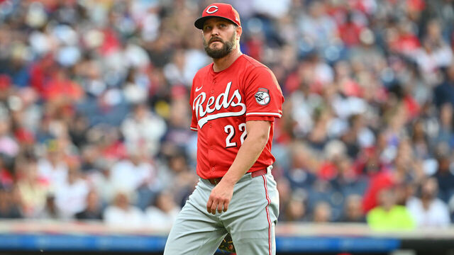 CLEVELAND, OHIO - JUNE 09: Starting pitcher Wade Miley #22 of the Cincinnati Reds walks off the field after the third inning against the Cleveland Guardians at Progressive Field on June 09, 2025 in Cleveland, Ohio.