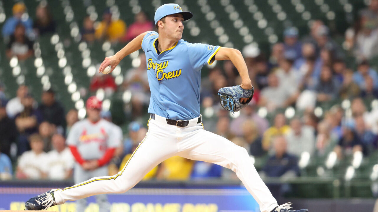 MILWAUKEE, WI - JUNE 12: Jacob Misiorowski #33 of the Milwaukee Brewers pitches during the game between the St. Louis Cardinals and the Milwaukee Brewers at American Family Field on Thursday, June 12, 2025 in Milwaukee, Wisconsin.