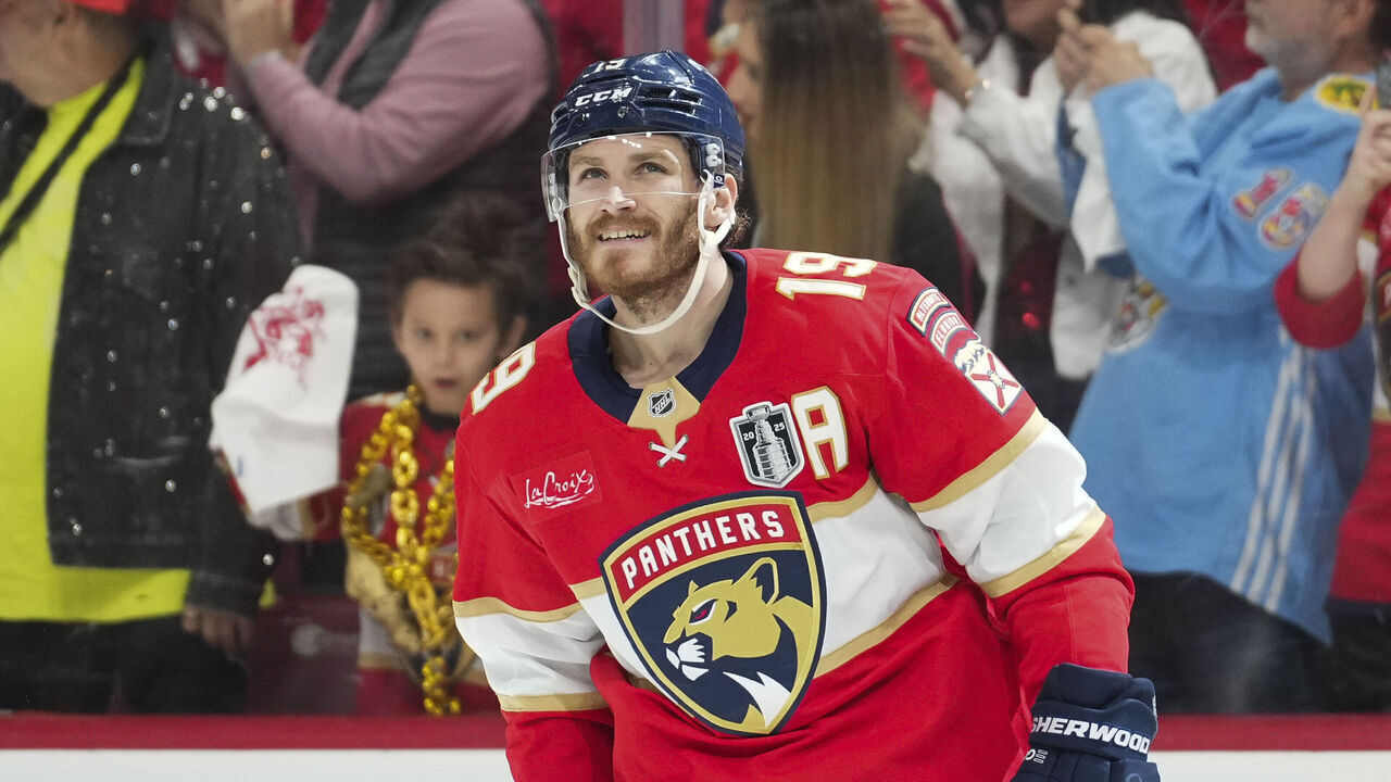 SUNRISE, FL - JUNE 12: Florida Panthers left wing Matthew Tkachuk (19) looks tot he stands with a smile after scoring his second goal in the first period during game four of the Stanley Cup Finals between the Edmonton Oilers and the Florida Panthers on Thursday, June 12, 2025 at Amerant Bank Arena, FL.
