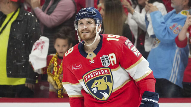 SUNRISE, FL - JUNE 12: Florida Panthers left wing Matthew Tkachuk (19) looks tot he stands with a smile after scoring his second goal in the first period during game four of the Stanley Cup Finals between the Edmonton Oilers and the Florida Panthers on Thursday, June 12, 2025 at Amerant Bank Arena, FL.