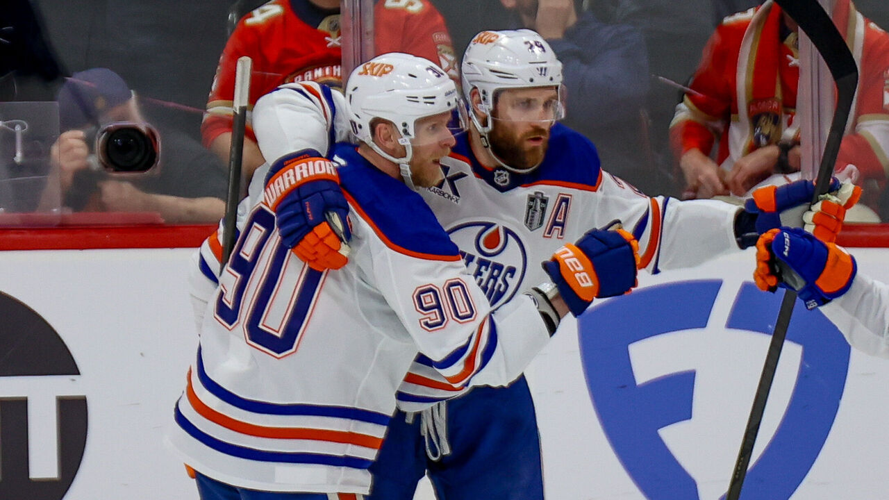 SUNRISE, FL - JUNE 09: Edmonton Oilers Right Wing Corey Perry (90) celebrates his goal with Edmonton Oilers Center Leon Draisaitl (29) and Edmonton Oilers Defenseman Evan Bouchard (2) during the Stanley Cup Final game three between the Edmonton Oilers and the Florida Panthers on June 9, 2025 at Amerant Bank Arena in Sunrise, Fla.