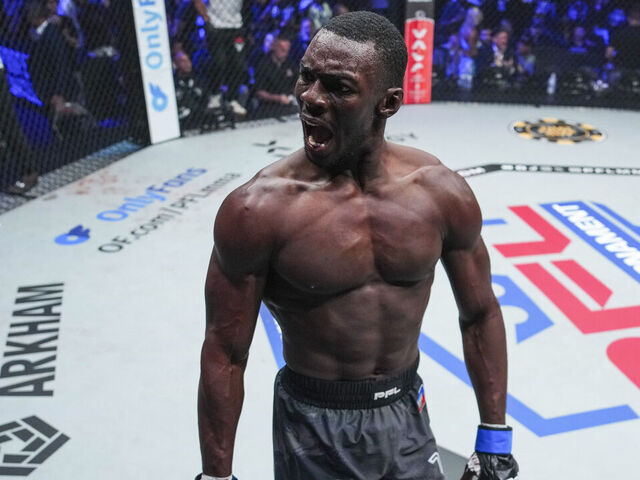 ORLANDO, FL - APRIL 03: Thad Jean celebrates after defeating Mukhamed Berkhamov during the first round of the PFL 2025 World Tournament at Universal Studios on April 3, 2025 in Orlando, Florida.