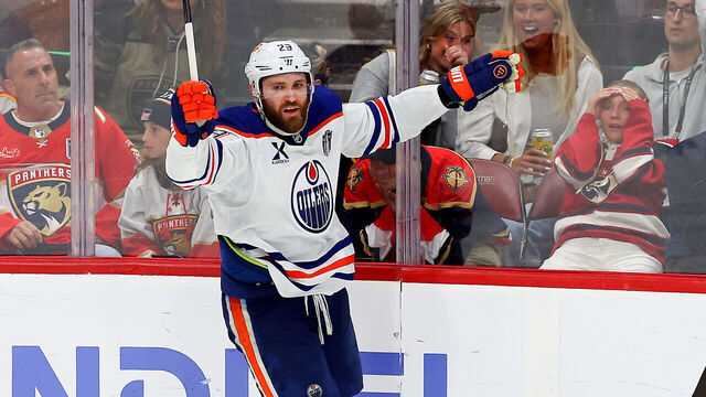 SUNRISE, FLORIDA - JUNE 12: Leon Draisaitl #29 of the Edmonton Oilers celebrates after scoring during overtime to beat the Florida Panthers 5-4 in Game Four of the 2025 Stanley Cup Final at Amerant Bank Arena on June 12, 2025 in Sunrise, Florida.