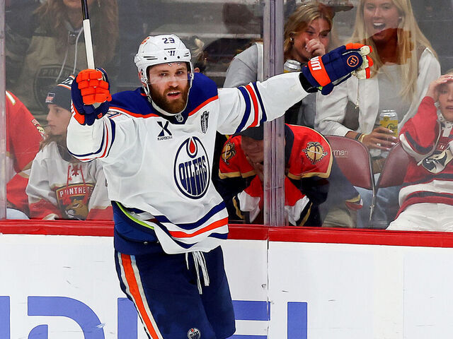 SUNRISE, FLORIDA - JUNE 12: Leon Draisaitl #29 of the Edmonton Oilers celebrates after scoring during overtime to beat the Florida Panthers 5-4 in Game Four of the 2025 Stanley Cup Final at Amerant Bank Arena on June 12, 2025 in Sunrise, Florida.