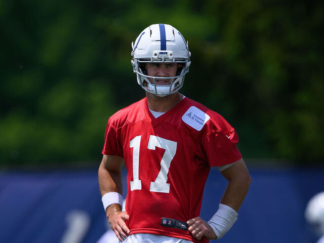 INDIANAPOLIS, IN - JUNE 11: Indianapolis Colts quarterback Daniel Jones (17) runs through a drill during the Indianapolis Colts OTA's on June 11, 2025 at the Indiana Farm Bureau Football Center in Indianapolis, IN.