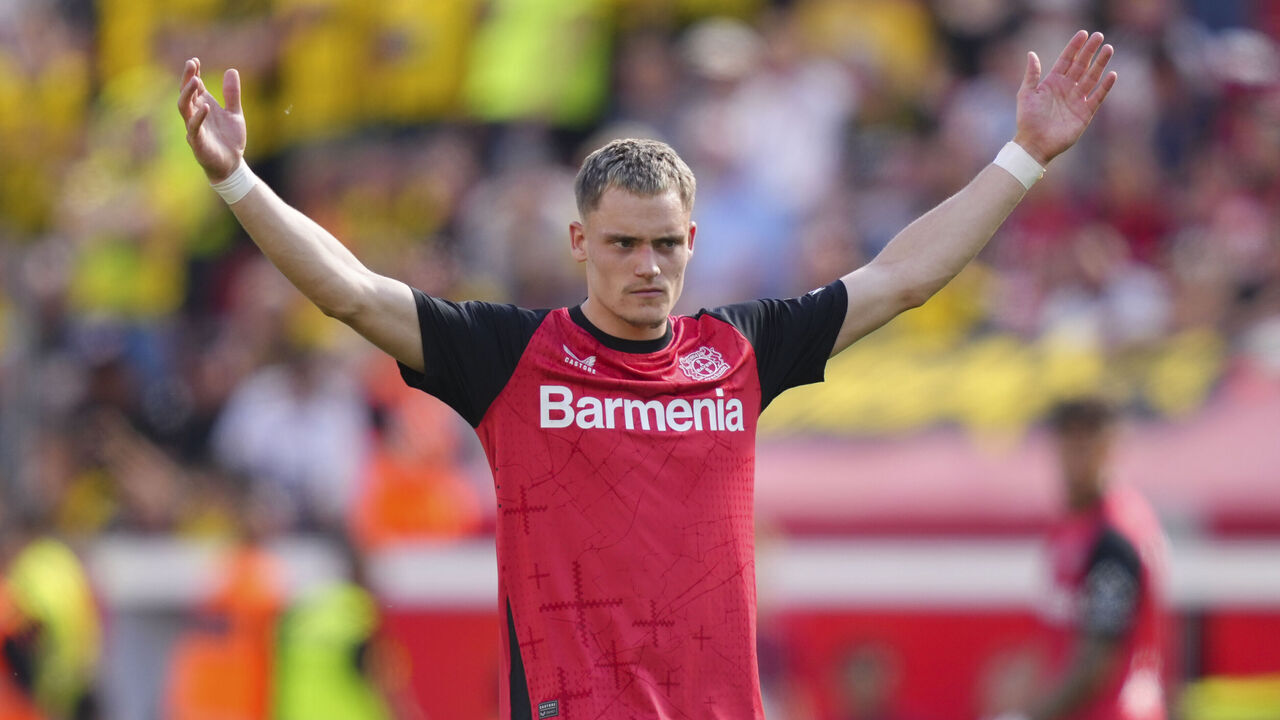 LEVERKUSEN, GERMANY - MAY 11: Florian Wirtz of Bayer 04 Leverkusen gestures during the Bundesliga match between Bayer 04 Leverkusen and Borussia Dortmund at BayArena on May 11, 2025 in Leverkusen, Germany.