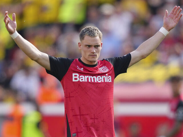 LEVERKUSEN, GERMANY - MAY 11: Florian Wirtz of Bayer 04 Leverkusen gestures during the Bundesliga match between Bayer 04 Leverkusen and Borussia Dortmund at BayArena on May 11, 2025 in Leverkusen, Germany.
