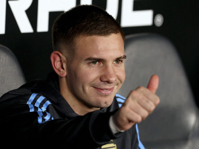Argentina's forward #20 Franco Mastantuono greets during the 2026 FIFA World Cup South American qualifiers football match between Argentina and Colombia at the Mas Monumental stadium in Buenos Aires, on June 10, 2025.