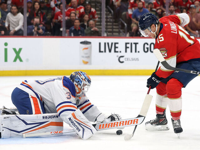 SUNRISE, FLORIDA - JUNE 12: Anton Lundell #15 of the Florida Panthers shoots on Calvin Pickard #30 of the Edmonton Oilers during the second period in Game Four of the 2025 Stanley Cup Final at Amerant Bank Arena on June 12, 2025 in Sunrise, Florida.
