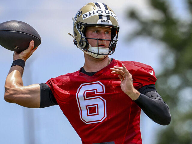 METAIRIE, LOUISIANA - JUNE 11: Tyler Shough #6 of the New Orleans Saints throws during a mandatory minicamp practice session at the Ochsner Sports Performance Center on June 11, 2025 in Metairie, Louisiana.