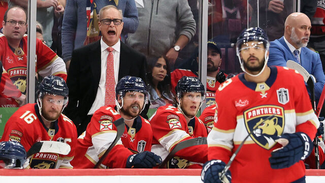 SUNRISE, FLORIDA - JUNE 09: Head coach Paul Maurice of the Florida Panthers works the bench during the game against the Edmonton Oilers in Game Three of the 2025 NHL Stanley Cup Final at Amerant Bank Arena on June 09, 2025 in Sunrise, Florida.