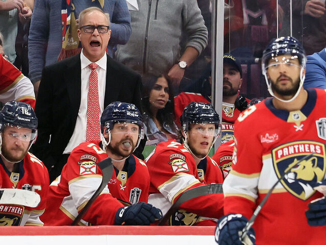SUNRISE, FLORIDA - JUNE 09: Head coach Paul Maurice of the Florida Panthers works the bench during the game against the Edmonton Oilers in Game Three of the 2025 NHL Stanley Cup Final at Amerant Bank Arena on June 09, 2025 in Sunrise, Florida.