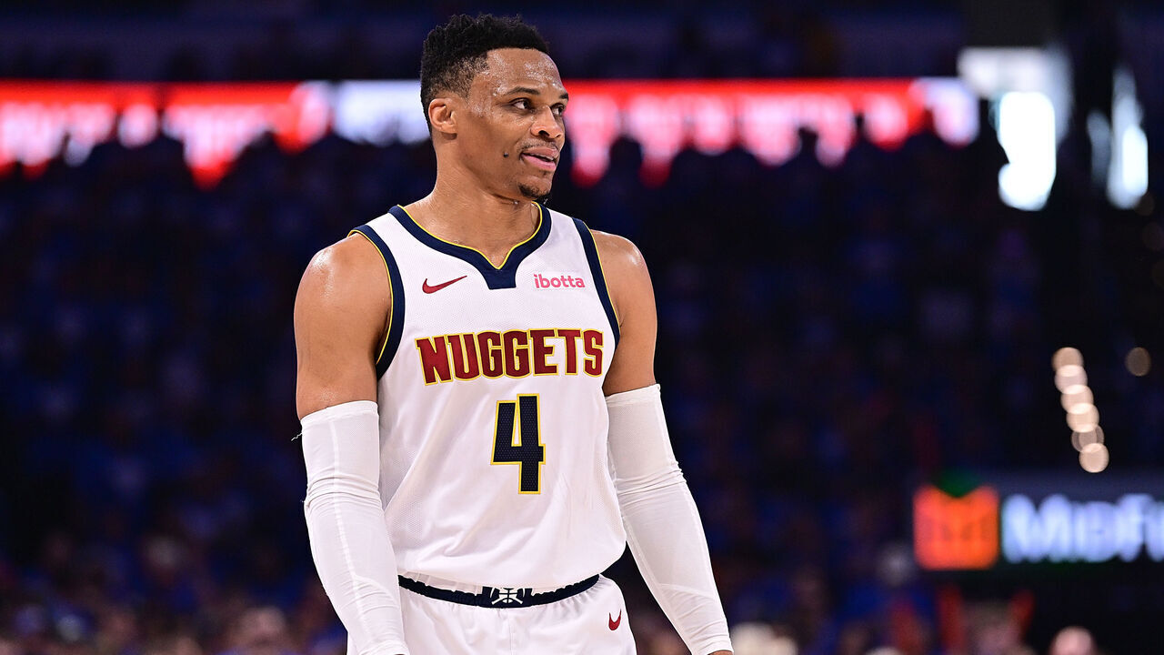 OKLAHOMA CITY, OKLAHOMA - MAY 18: Russell Westbrook #4 of the Denver Nuggets walks down the floor during the first half of game seven of the Western Conference semifinals against the Oklahoma City Thunder at Paycom Center on May 18, 2025 in Oklahoma City, Oklahoma.