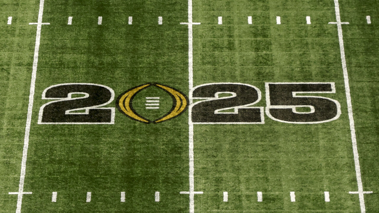 ATLANTA, GA - JANUARY 19: A general view of the CFP logo at mid-field inside the Mercedes-Benz Stadium prior to the start of the College Football Playoffs Championship Game between the Notre Dame Fighting Irish and the Ohio State Buckeyes on January 19, 2025 in Atlanta, Georgia.