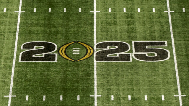 ATLANTA, GA - JANUARY 19: A general view of the CFP logo at mid-field inside the Mercedes-Benz Stadium prior to the start of the College Football Playoffs Championship Game between the Notre Dame Fighting Irish and the Ohio State Buckeyes on January 19, 2025 in Atlanta, Georgia.