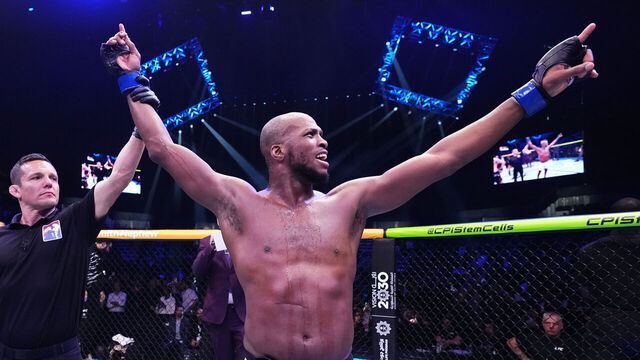 RIYADH, SAUDI ARABIA - FEBRUARY 01: Michael Page of England reacts after a victory against Shara Magomedov of Russia in a middleweight fight during the UFC Fight Night event at anb Arena on February 01, 2025 in Riyadh, Saudi Arabia.