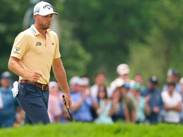 OAKMONT, PENNSYLVANIA - JUNE 13: Sam Burns of the United States reacts after making par on the ninth green during the second round of the 125th U.S. OPEN at Oakmont Country Club on June 13, 2025 in Oakmont, Pennsylvania.