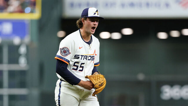 HOUSTON, TX - APRIL 21: Forrest Whitley #55 of the Houston Astros celebrates during the game between the Toronto Blue Jays and the Houston Astros at Daikin Park on Monday, April 21, 2025 in Houston, Texas.