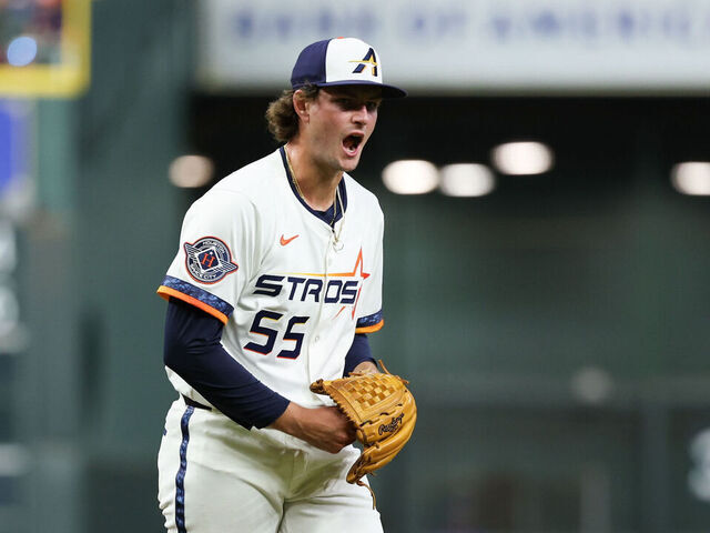 HOUSTON, TX - APRIL 21: Forrest Whitley #55 of the Houston Astros celebrates during the game between the Toronto Blue Jays and the Houston Astros at Daikin Park on Monday, April 21, 2025 in Houston, Texas.