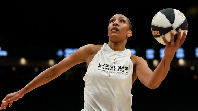 SEATTLE, WASHINGTON - JUNE 01: A'ja Wilson #22 of the Las Vegas Aces warms up before the 2025 Commissioner's Cup game against the Seattle Storm at Climate Pledge Arena on June 01, 2025 in Seattle, Washington.