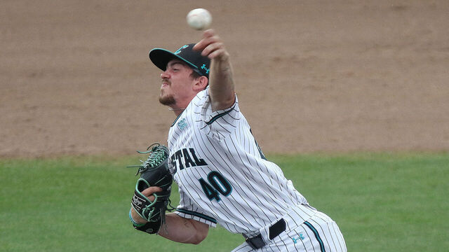 CLEMSON, SC - JUNE 02: Coastal Carolina Chanticleer pitcher Dominick Carbone (40) throws a pitch during the NCAA Division 1 Regional College Baseball game between the High Point Panthers and the Coastal Carolina Chanticleers on June 2, 2024, at Doug Kingsmore Stadium in Clemson, S.C.